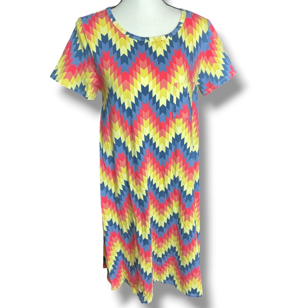 LuLaRoe Multicolor Carly Dress Women Small Geometric Chevron High Low Pocket